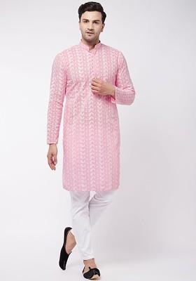 Pink Solid Cotton Kurta Set For Men