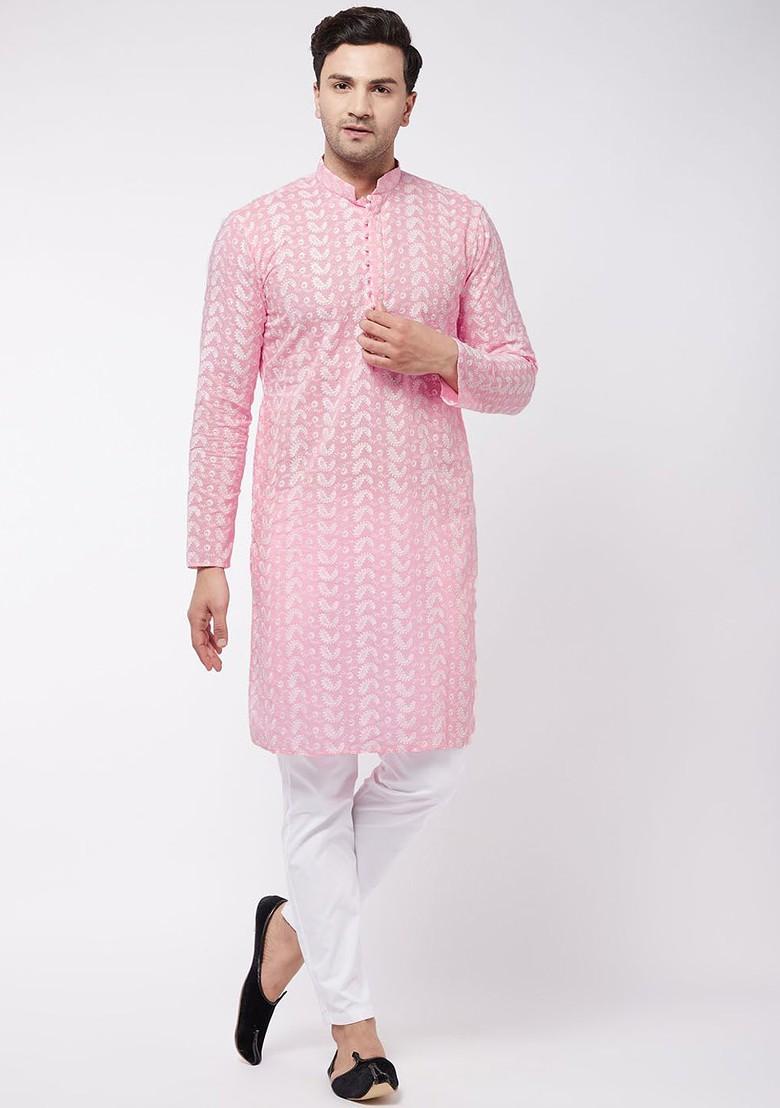 Pink Solid Cotton Kurta Set For Men