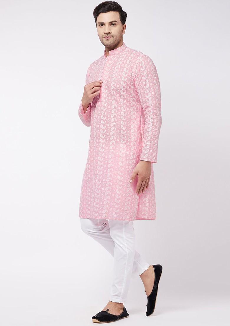 Pink Solid Cotton Kurta Set For Men