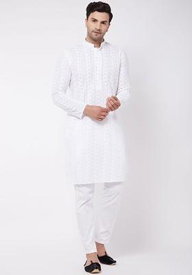White Floral Print Cotton Kurta Set For Men