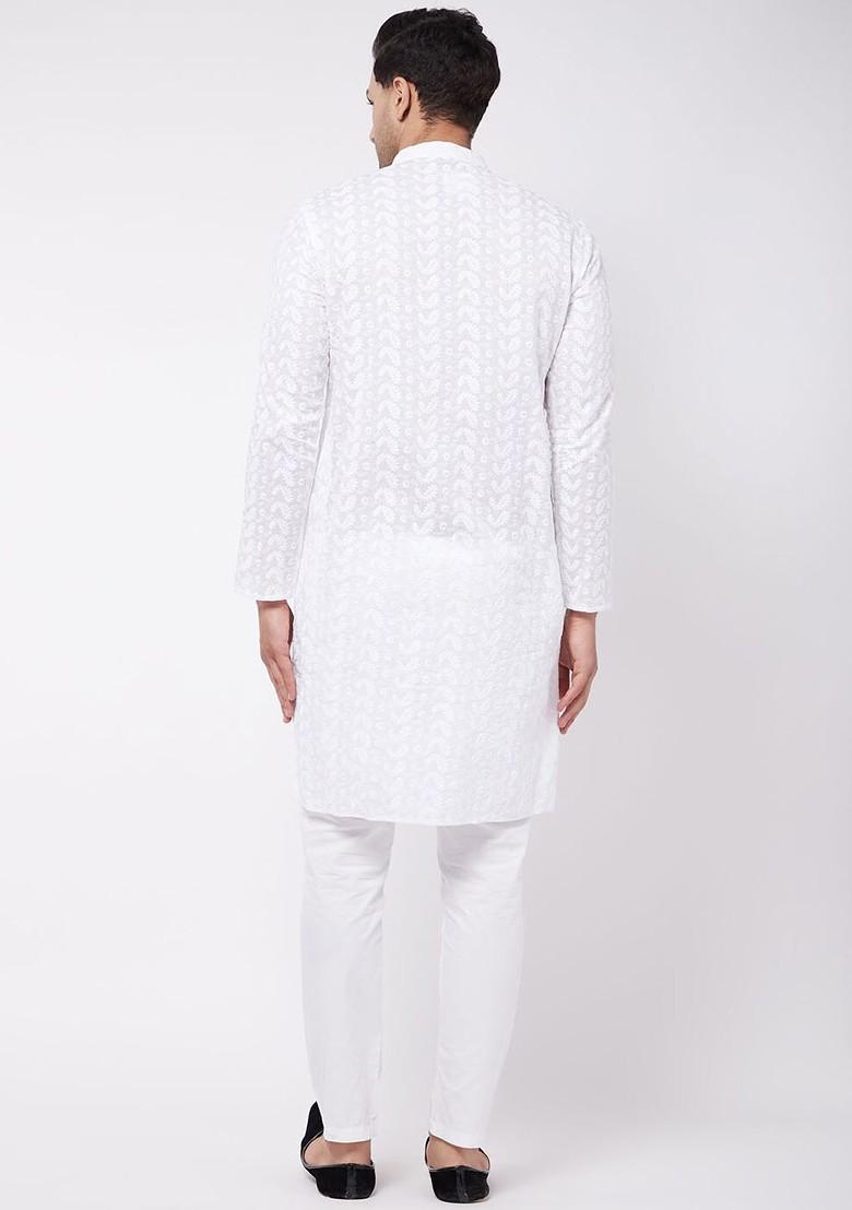 White Floral Print Cotton Kurta Set For Men