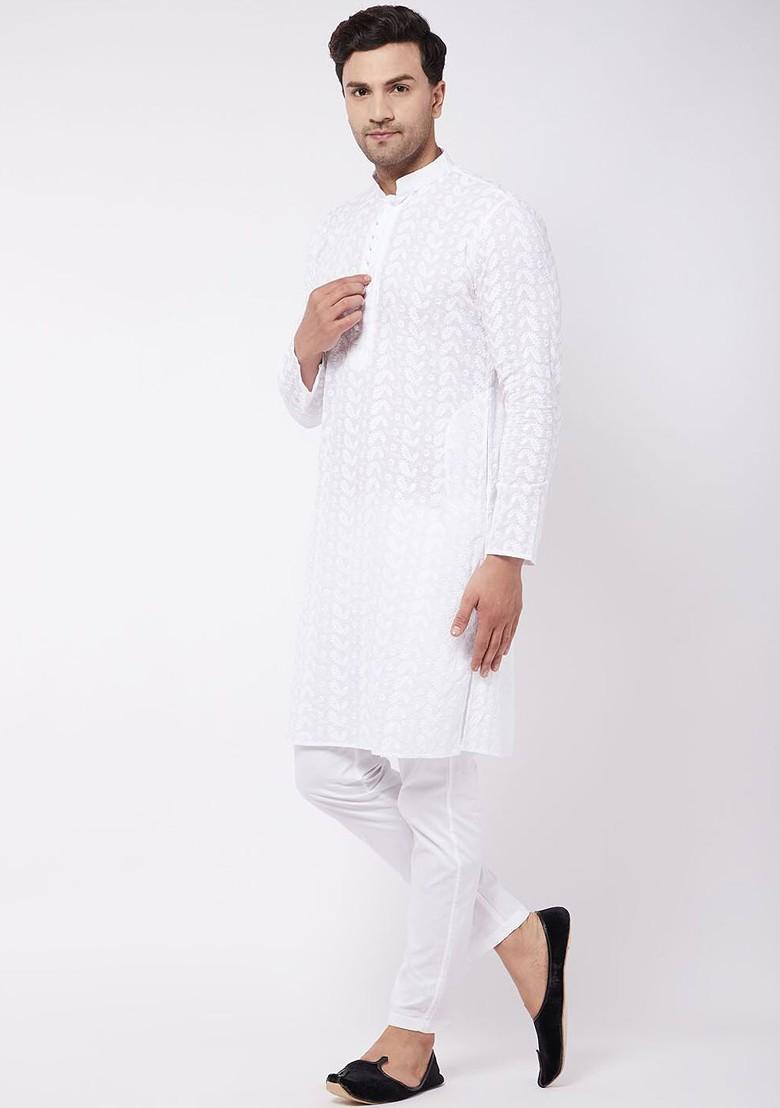White Floral Print Cotton Kurta Set For Men