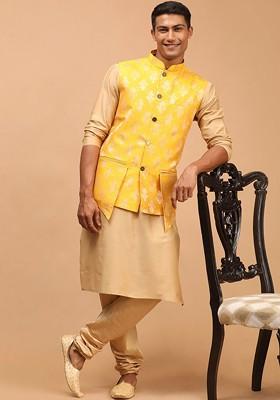 Rose Gold Woven Poly Blend Kurta Set For Men