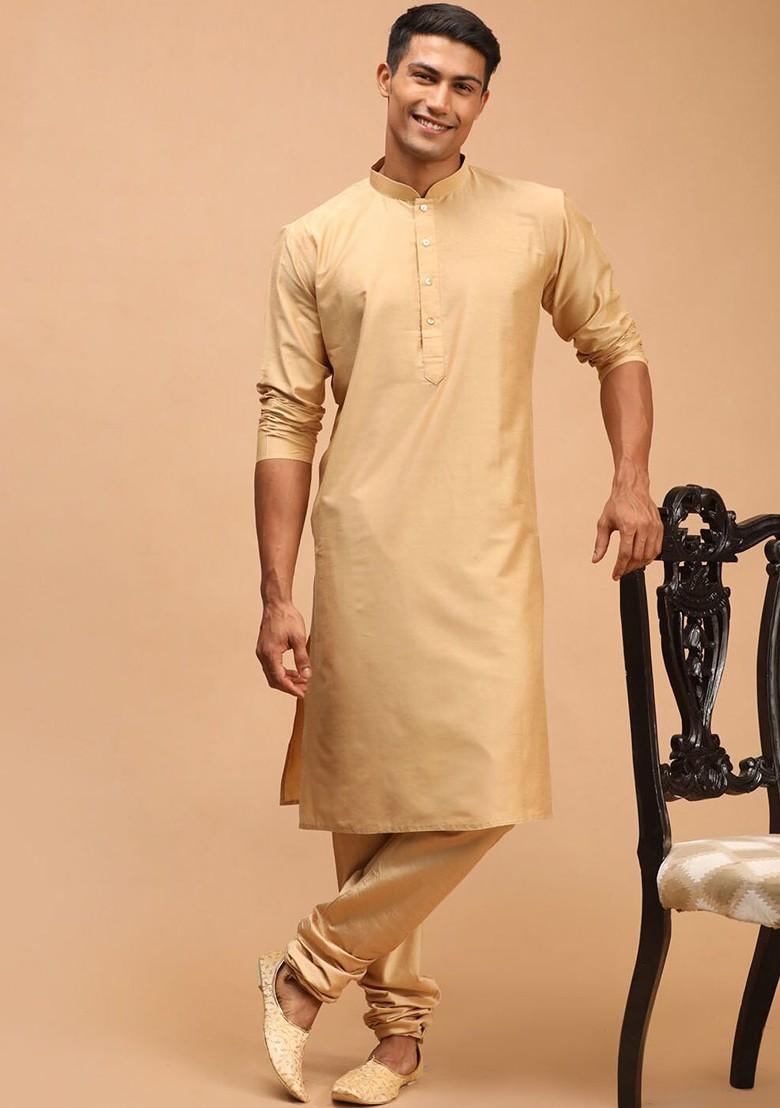 Rose Gold Woven Poly Blend Kurta Set For Men