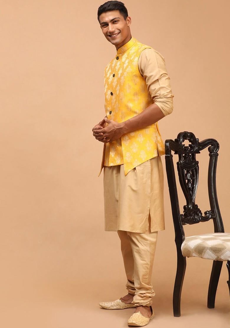 Rose Gold Woven Poly Blend Kurta Set For Men