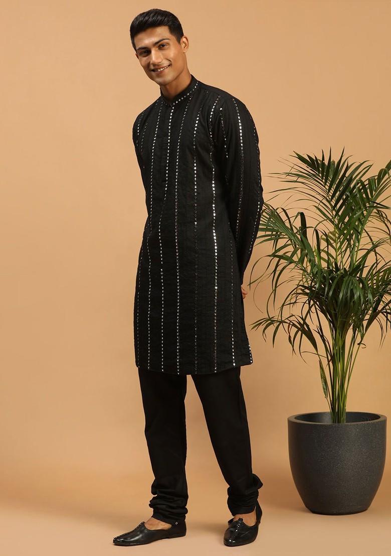 Black Embroidered Poly Blend Kurta Set For Men