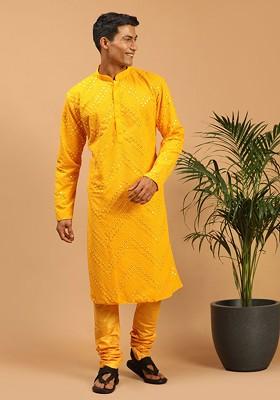 Yellow Embroidered Poly Blend Kurta Set For Men