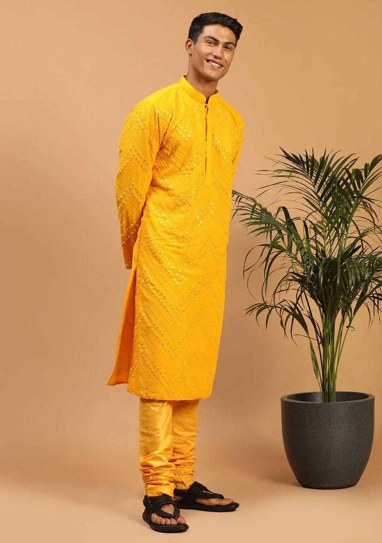 Yellow Embroidered Poly Blend Kurta Set For Men