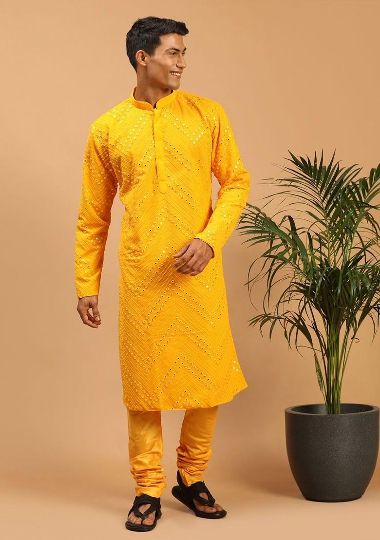 Yellow Embroidered Poly Blend Kurta Set For Men
