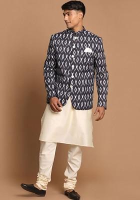 Cream Printed Poly Blend Kurta Set For Men