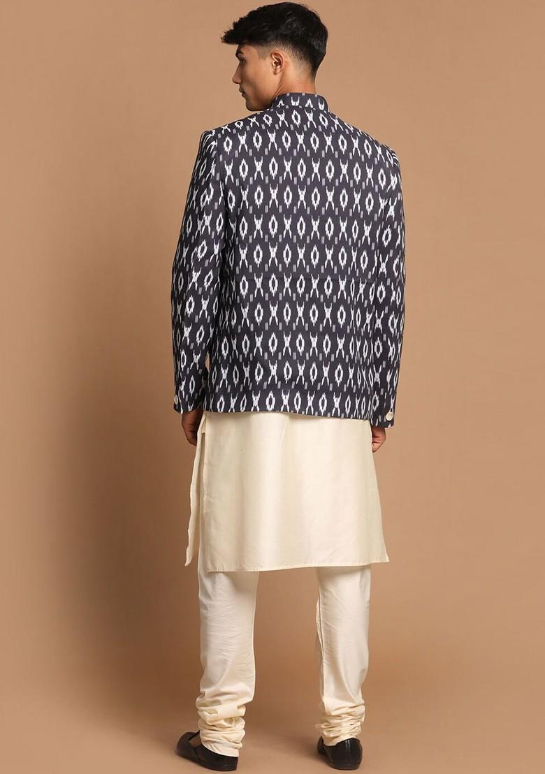 Cream Printed Poly Blend Kurta Set For Men