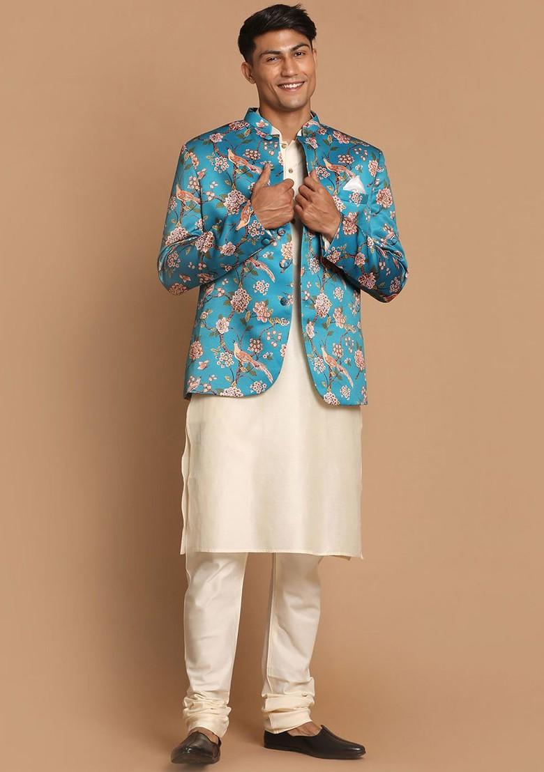 Cream Solid Poly Blend Kurta Set For Men