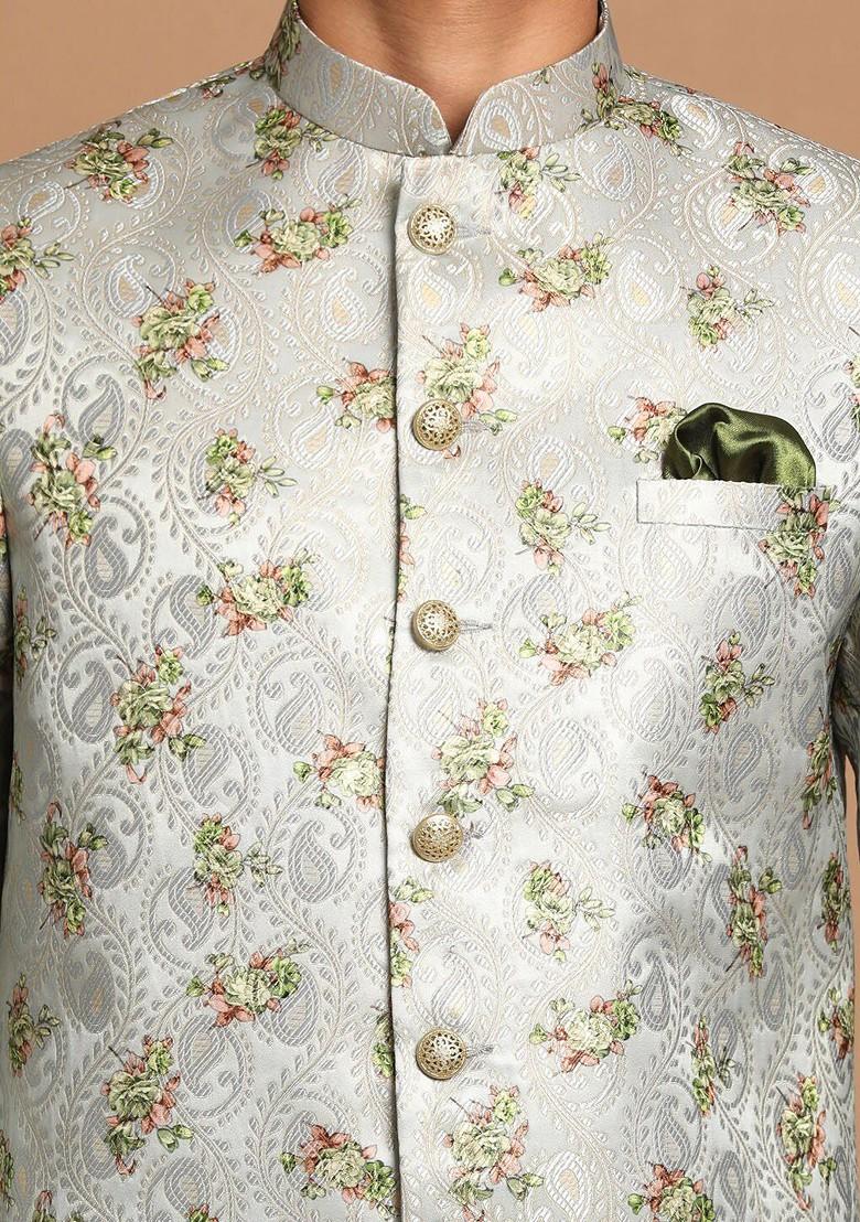 Cream Printed Poly Blend Kurta Set For Men