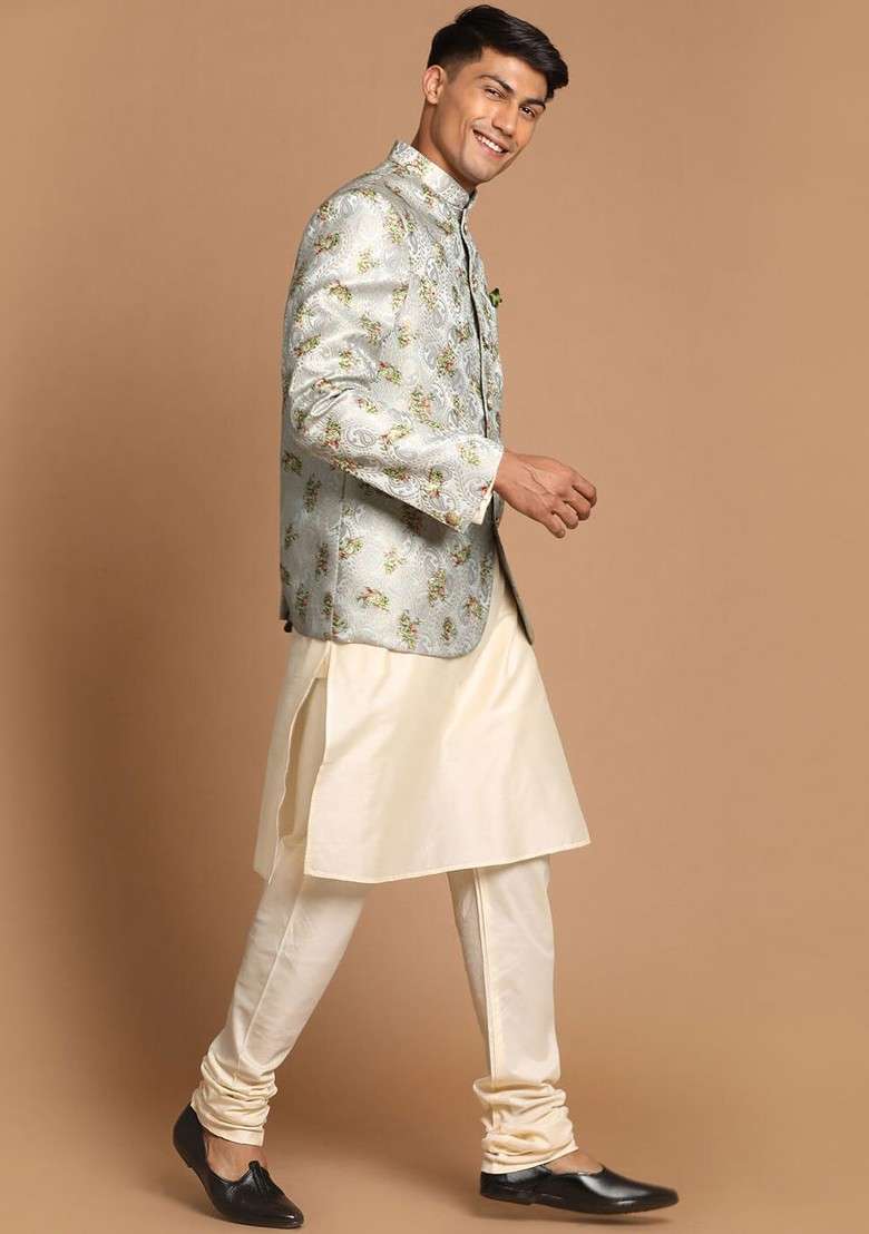Cream Printed Poly Blend Kurta Set For Men - Indya