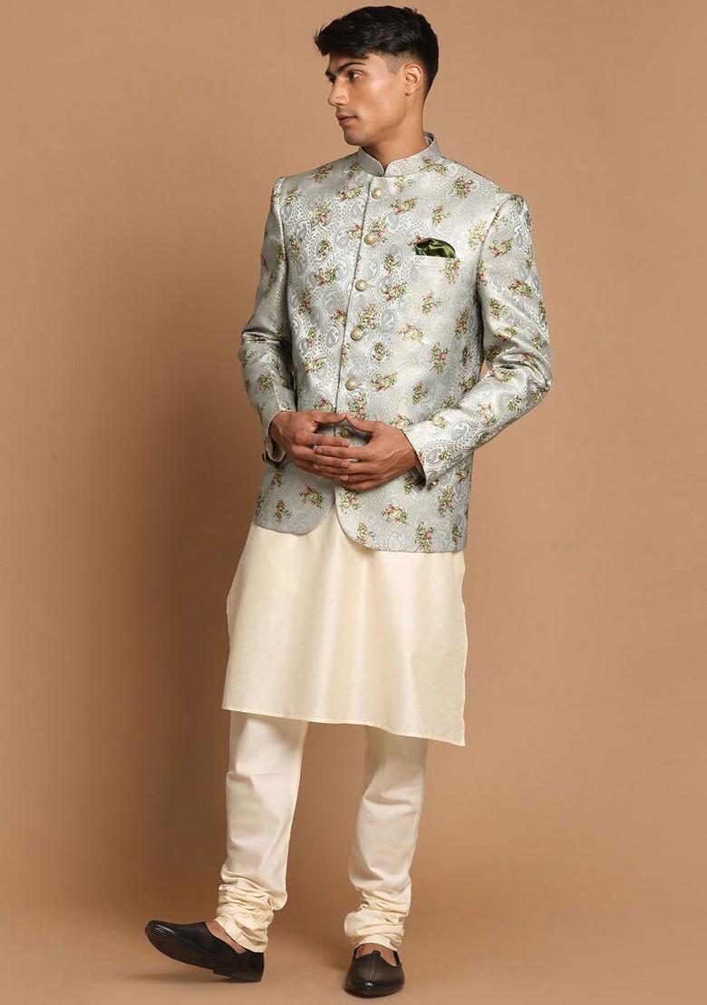Cream Printed Poly Blend Kurta Set For Men
