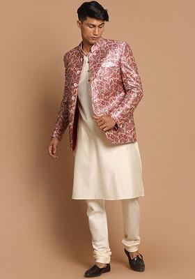 Cream Floral Print Poly Blend Kurta Set For Men