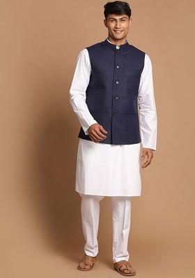 White Solid Cotton Kurta Set For Men