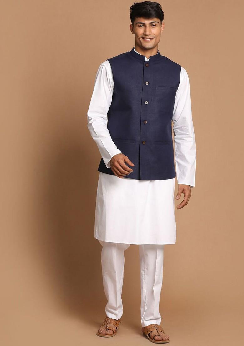 White Solid Cotton Kurta Set For Men