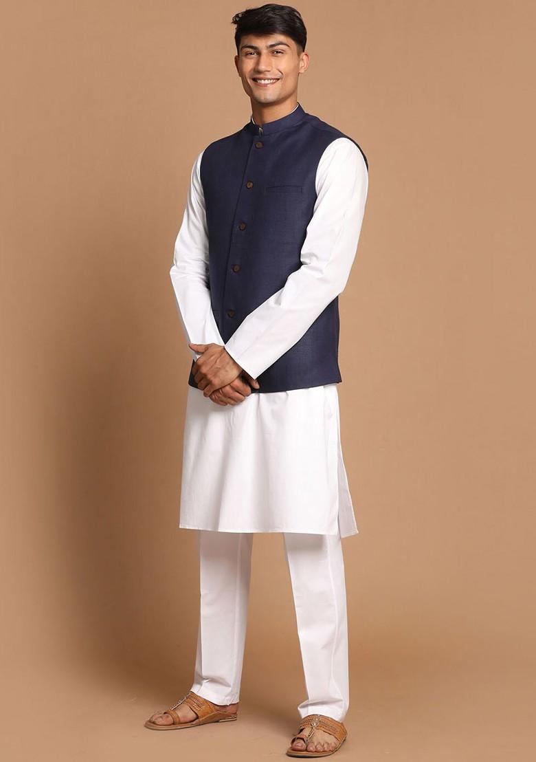White Solid Cotton Kurta Set For Men