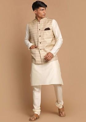Cream Solid Poly Blend Kurta Set For Men