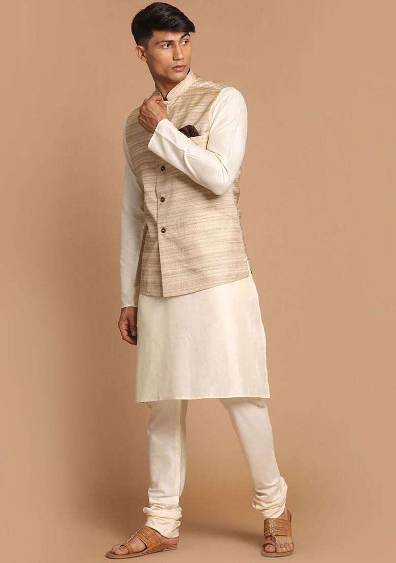 Cream Solid Poly Blend Kurta Set For Men