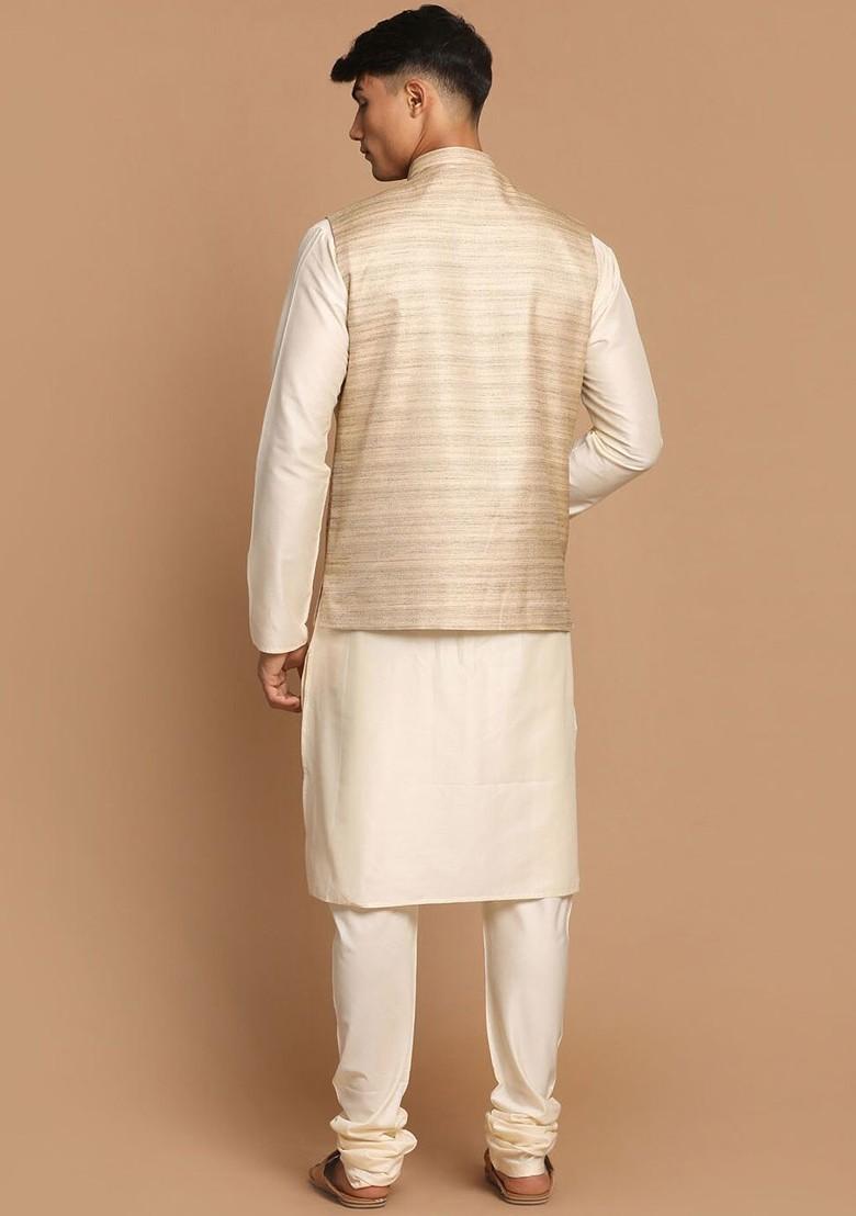 Cream Solid Poly Blend Kurta Set For Men