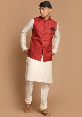Cream Striped Poly Blend Kurta Set For Men