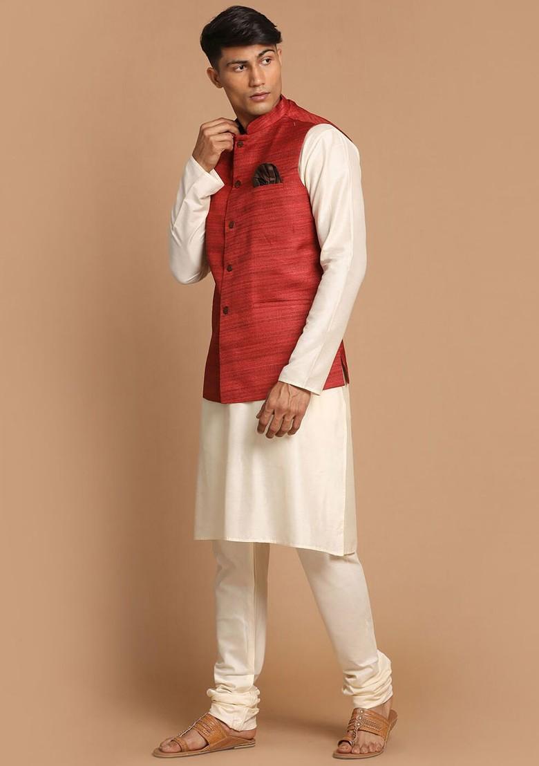 Cream Striped Poly Blend Kurta Set For Men