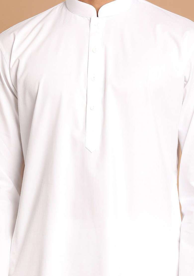 White Solid Cotton Kurta Set For Men - Indya