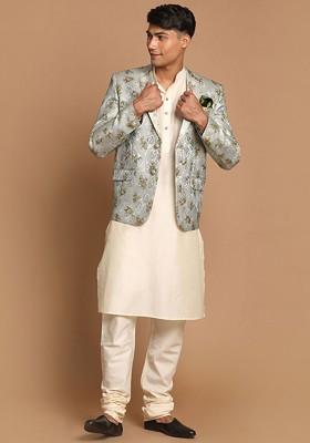 Cream Woven Poly Blend Kurta Set For Men