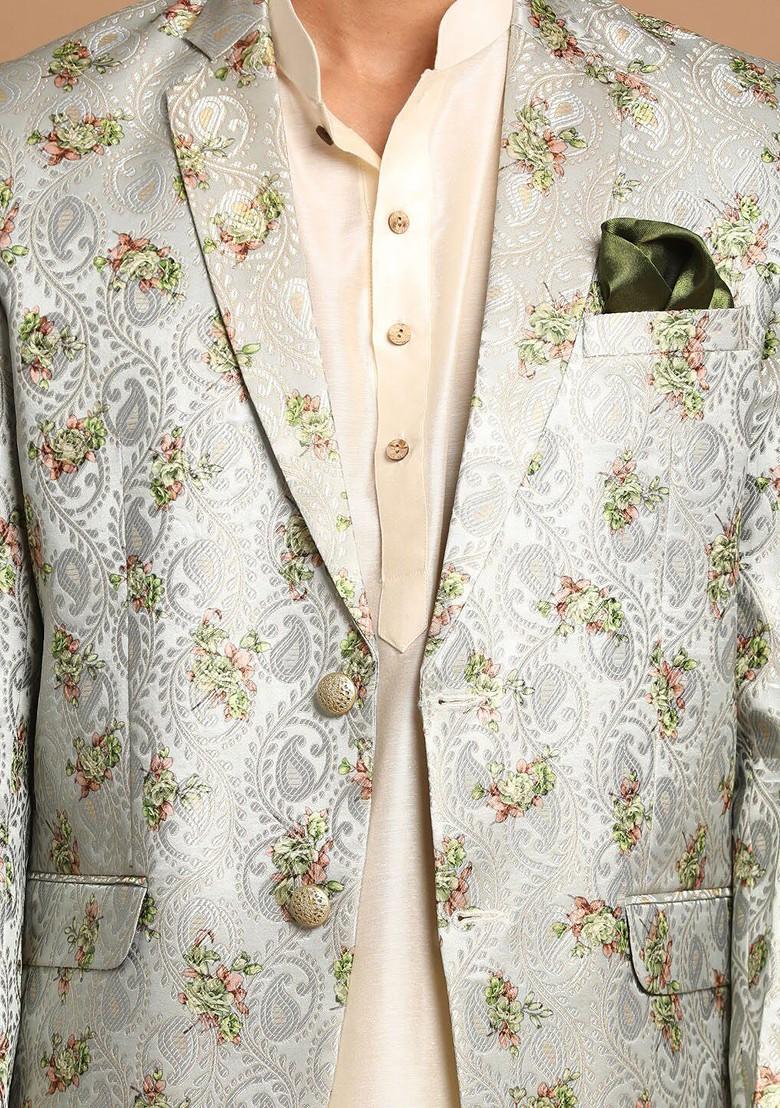 Cream Woven Poly Blend Kurta Set For Men