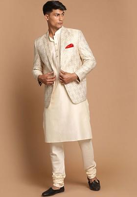 Cream Woven Poly Blend Kurta Set For Men