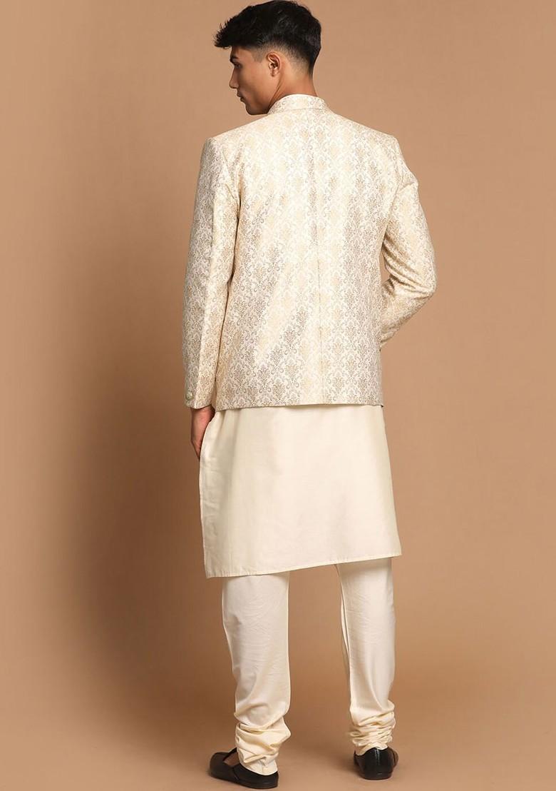 Cream Woven Poly Blend Kurta Set For Men
