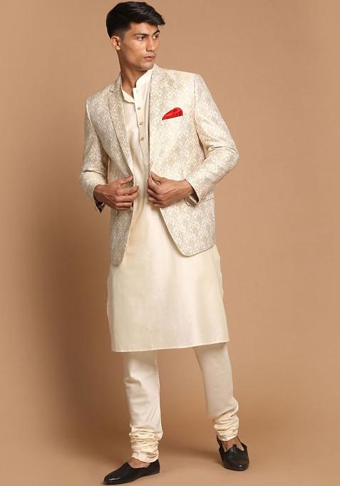 Cream Woven Poly Blend Kurta Set For Men — view on Indya