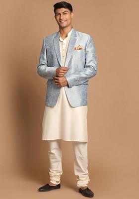 Cream Solid Poly Blend Kurta Set For Men