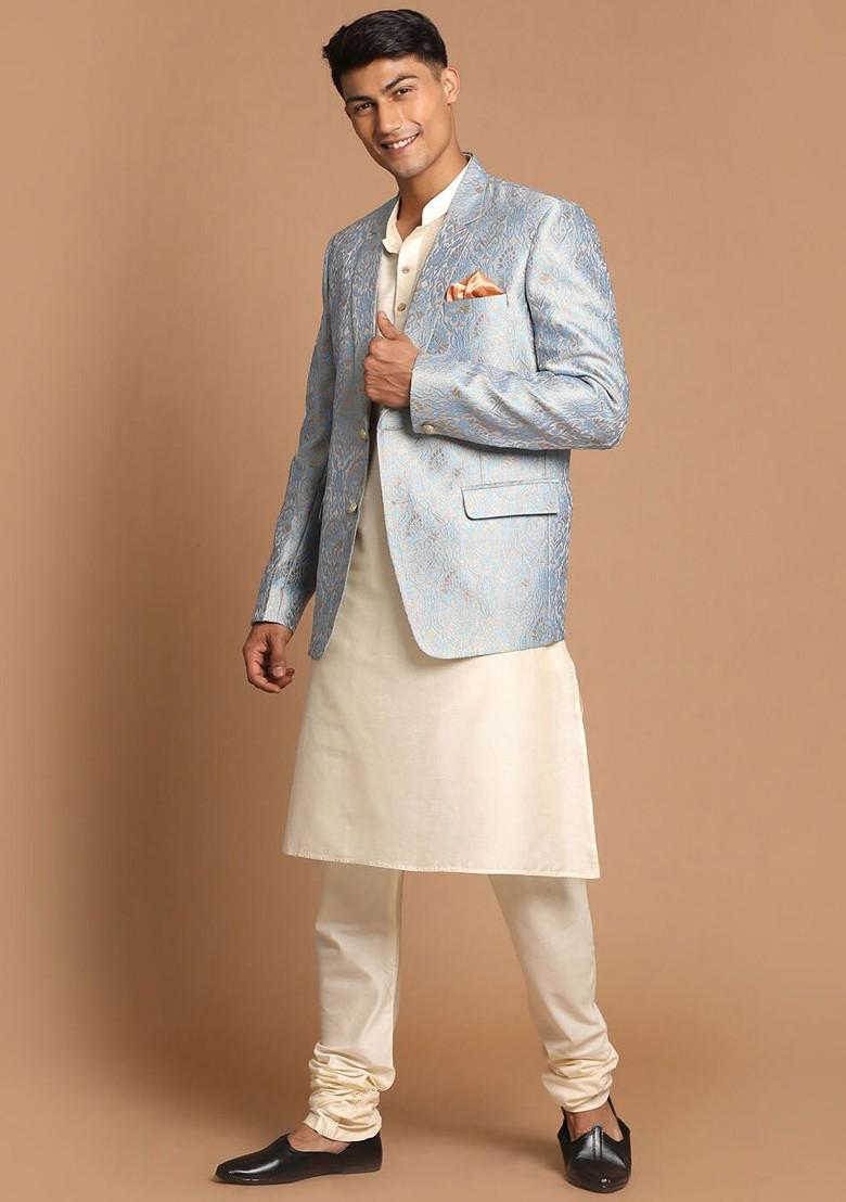 Cream Solid Poly Blend Kurta Set For Men