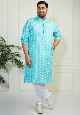 Turquoise Blue Embroidered Cotton Kurta Set For Men