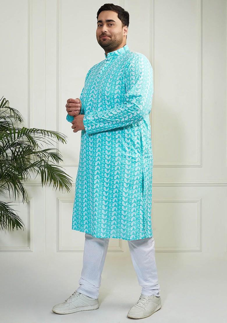 Turquoise Blue Embroidered Cotton Kurta Set For Men