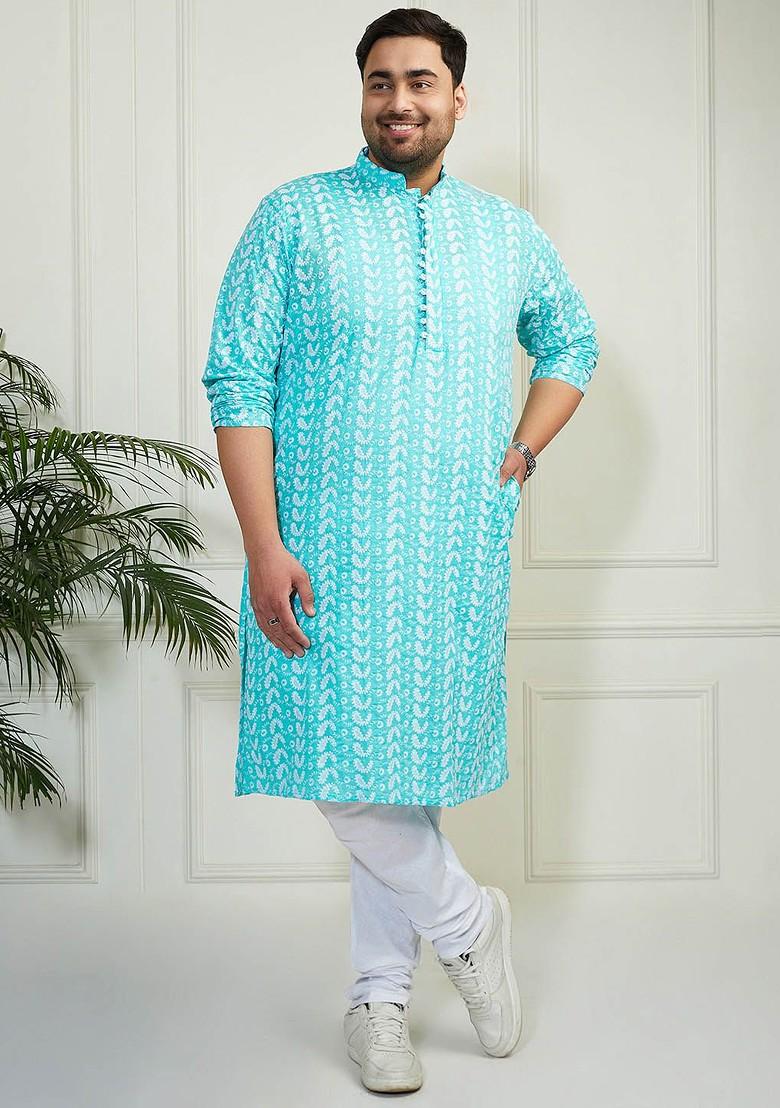 Turquoise Blue Embroidered Cotton Kurta Set For Men