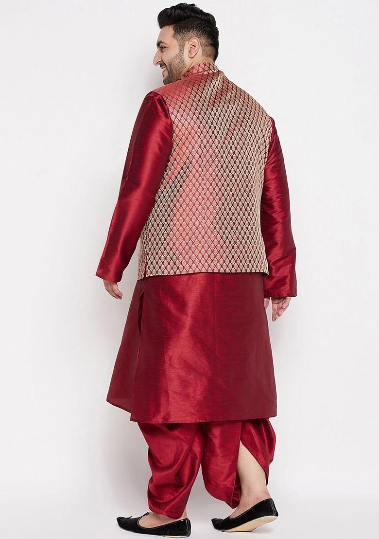 Maroon Solid Poly Blend Kurta Set For Men