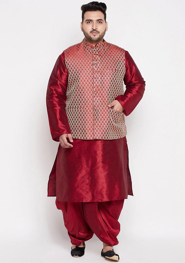 Maroon Solid Poly Blend Kurta Set For Men