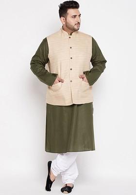 Olive Solid Poly Blend Kurta Set For Men