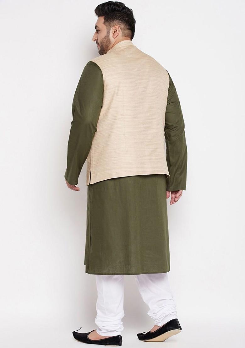 Olive Solid Poly Blend Kurta Set For Men