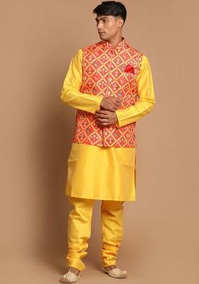 Yellow Ethnic Motifs Poly Blend Kurta Set For Men