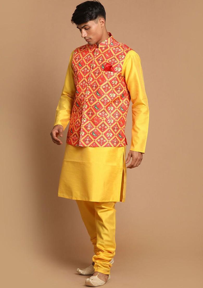 Yellow Ethnic Motifs Poly Blend Kurta Set For Men