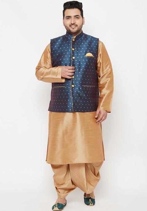 Rose Gold Solid Poly Blend Kurta Set For Men