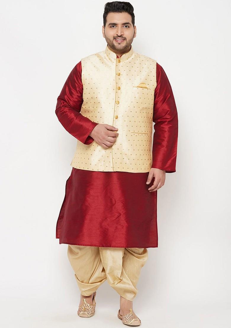 Maroon Solid Poly Blend Kurta Set For Men