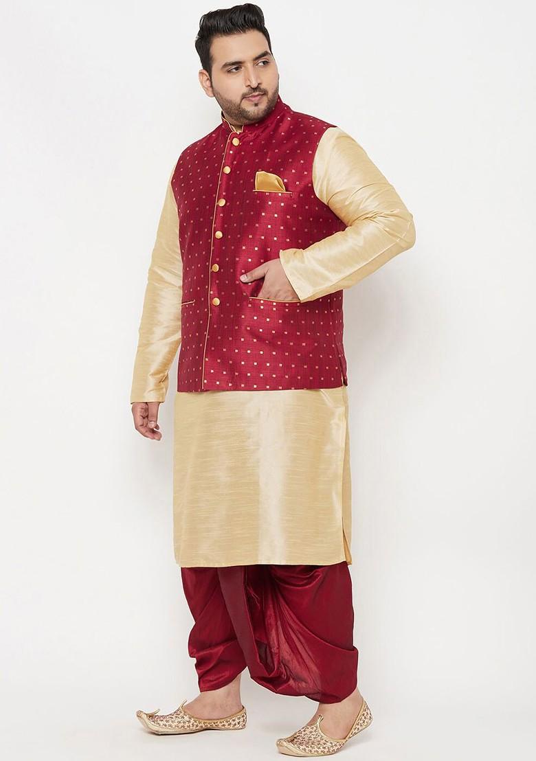 Gold Solid Poly Blend Kurta Set For Men