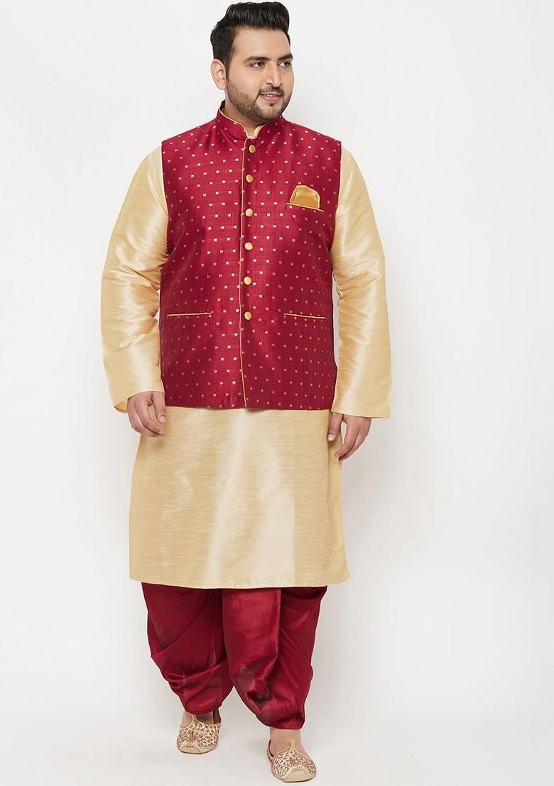 Gold Solid Poly Blend Kurta Set For Men