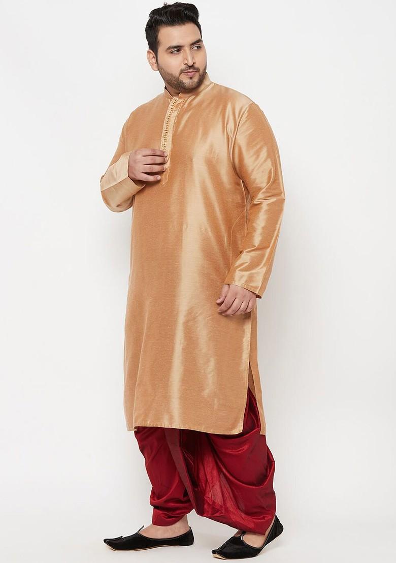 Rose Gold Solid Poly Blend Kurta Set For Men